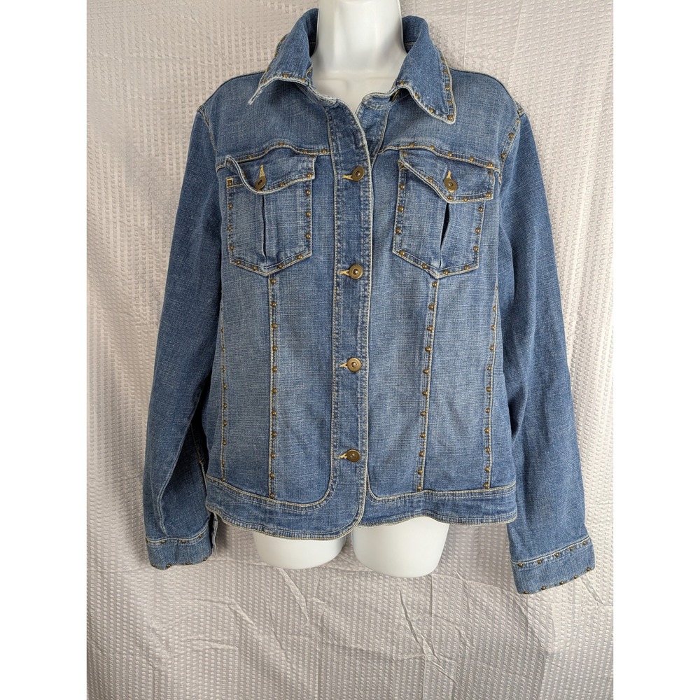 Reba Womens XL Studded Denim Jacket Western Fleur de Lis Rhinestone Trucker Blue